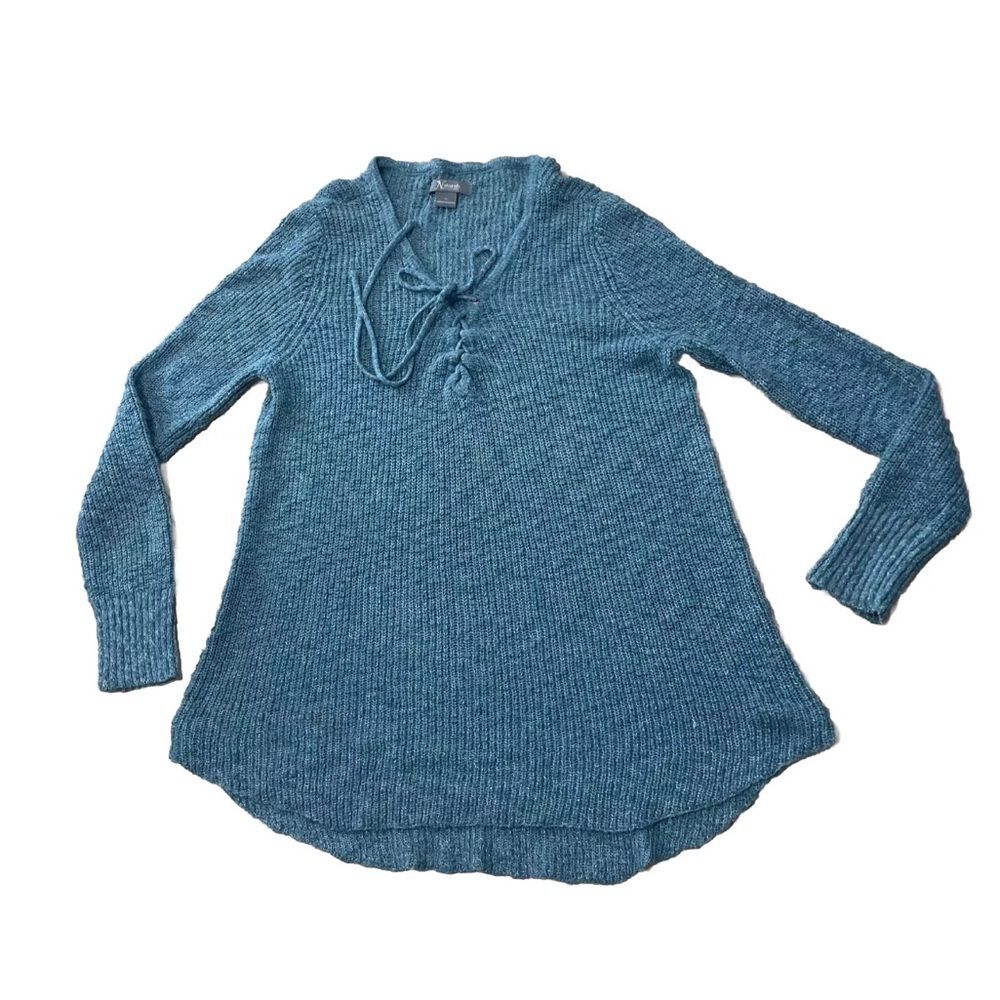 Natural Reflections Knit Sweater Women XL Teal Lace-Up Collar V Coastal Preppy